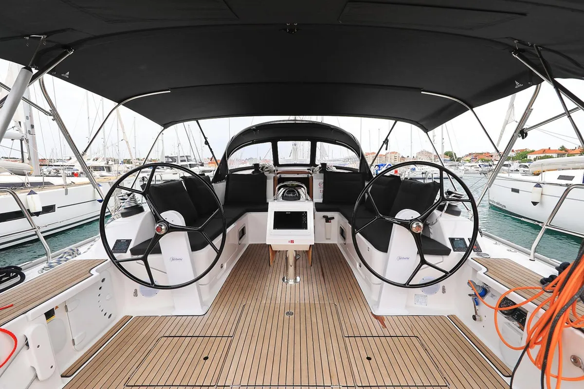 Cockpit of Enigma, a Bavaria Cruiser 46 sailboat at Grad Biograd na Moru, Croatia