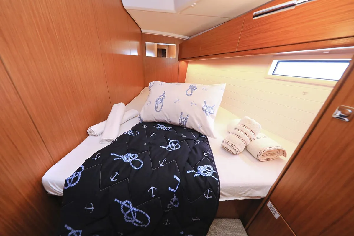 Cabin on Enigma, a Bavaria Cruiser 46 sailboat at Grad Biograd na Moru, Croatia
