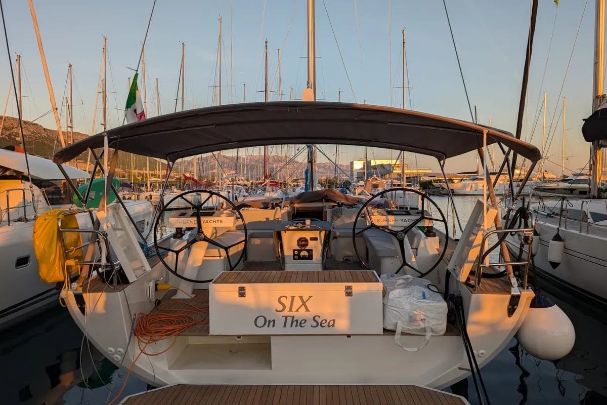 Exterior view of Six on the Sea, a D&D Kufner 54 sailboat at Salerno, Italy