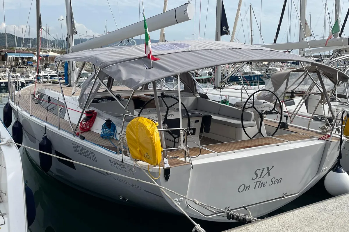 Exterior view of Six on the Sea, a D&D Kufner 54 sailboat at Salerno, Italy