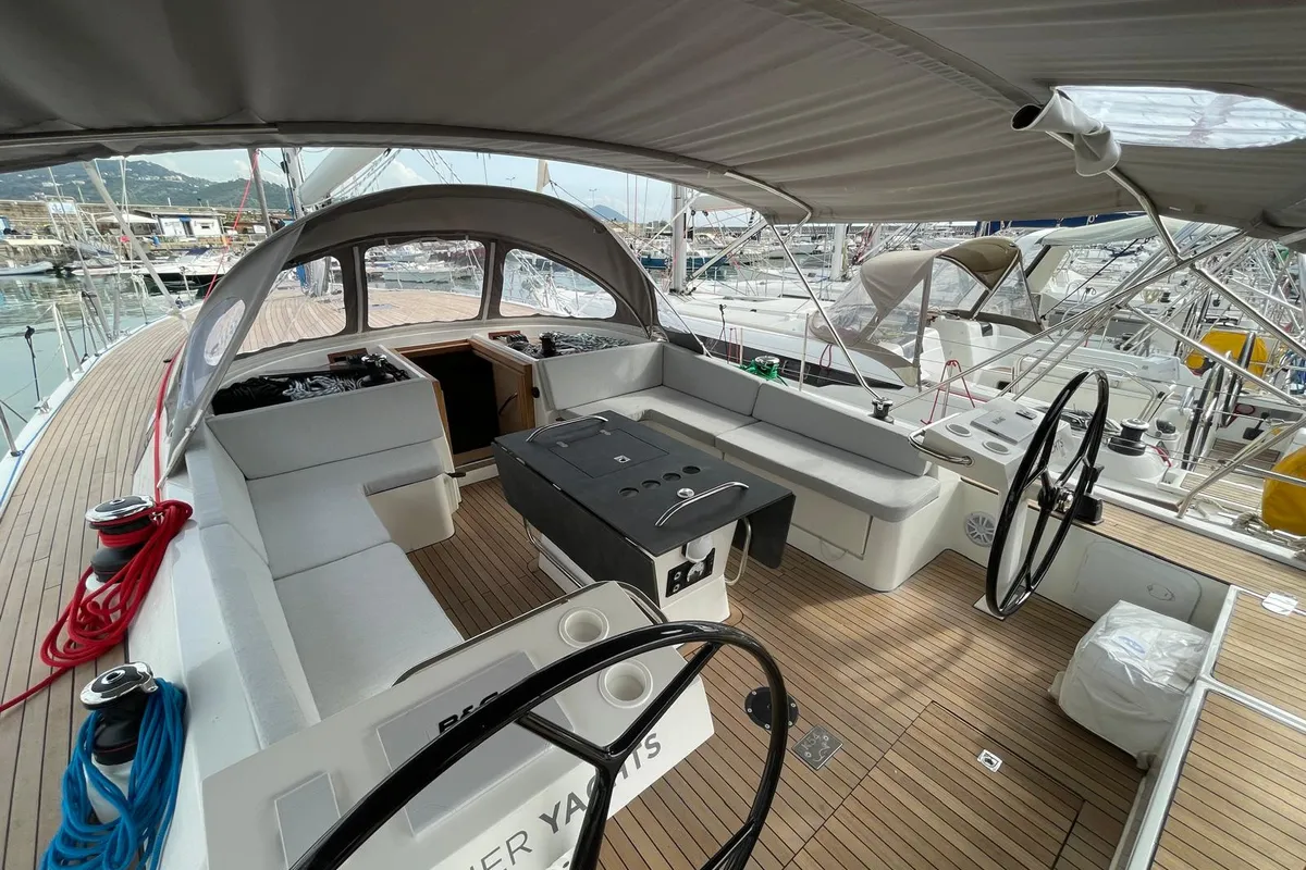 Cockpit of Six on the Sea, a D&D Kufner 54 sailboat at Salerno, Italy