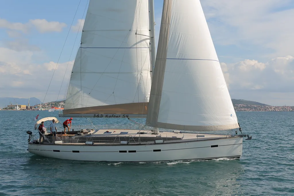 Exterior view of Six on the Sea, a D&D Kufner 54 sailboat at Salerno, Italy