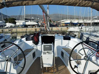 Cockpit of Beaujolais, a Jeanneau Sun Odyssey 449 sailboat at Seget Donji, Croatia
