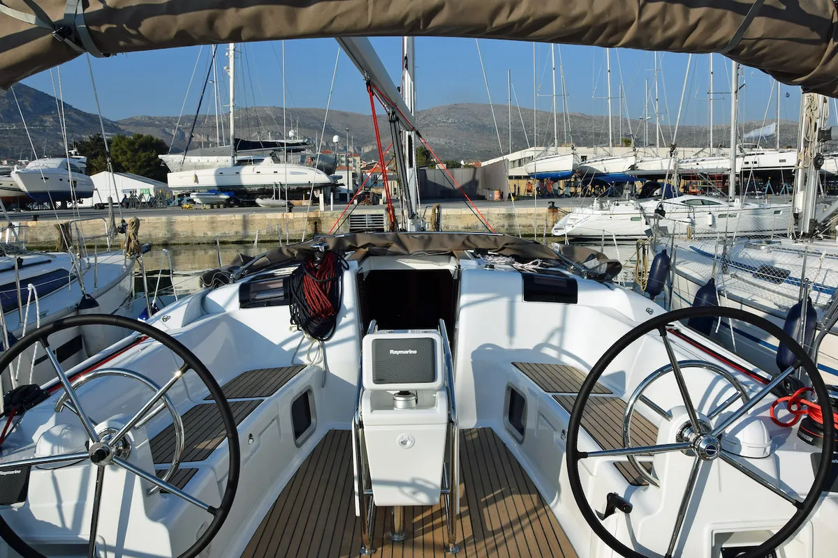 Cockpit of Beaujolais, a Jeanneau Sun Odyssey 449 sailboat at Seget Donji, Croatia