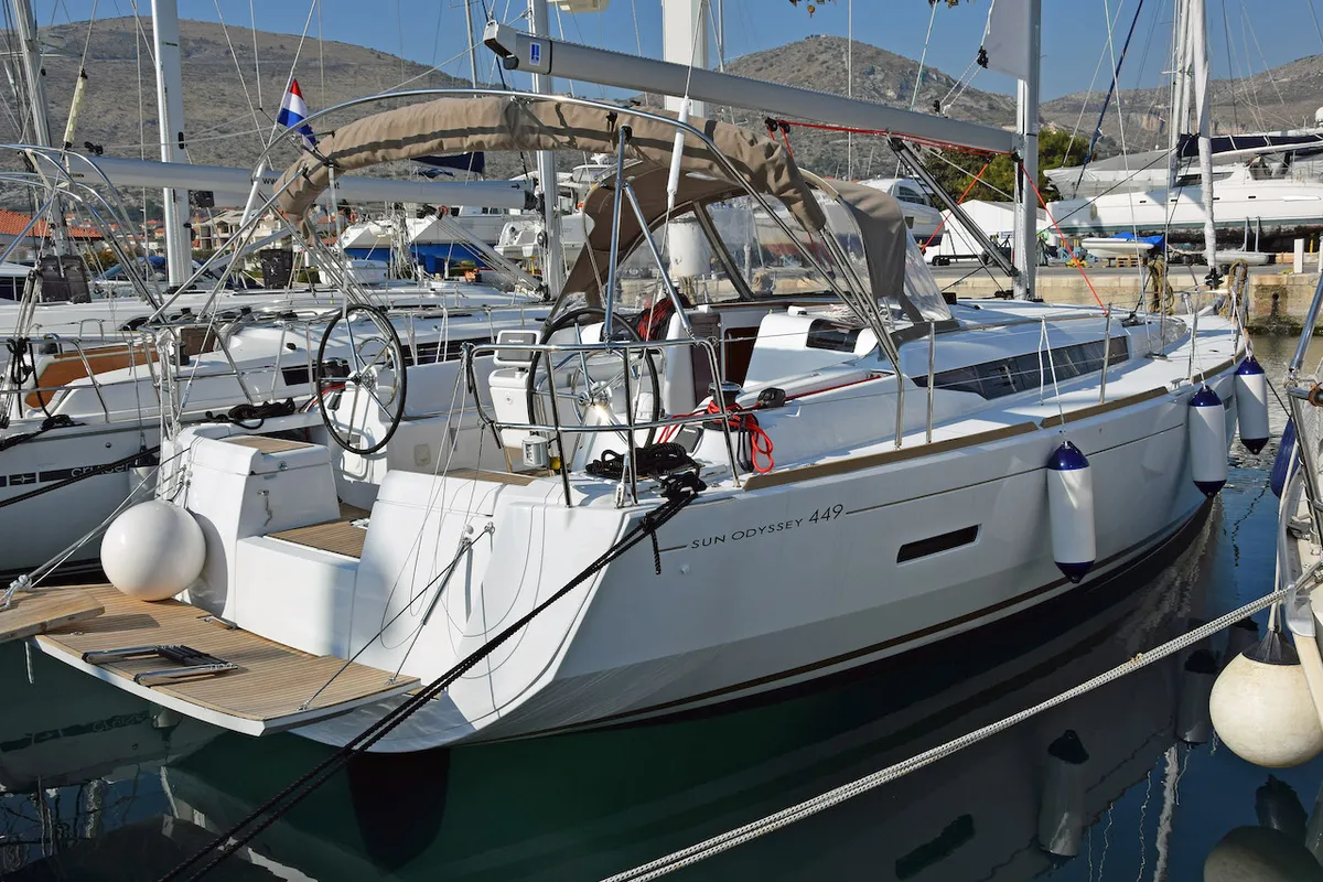Exterior view of Beaujolais, a Jeanneau Sun Odyssey 449 sailboat at Seget Donji, Croatia
