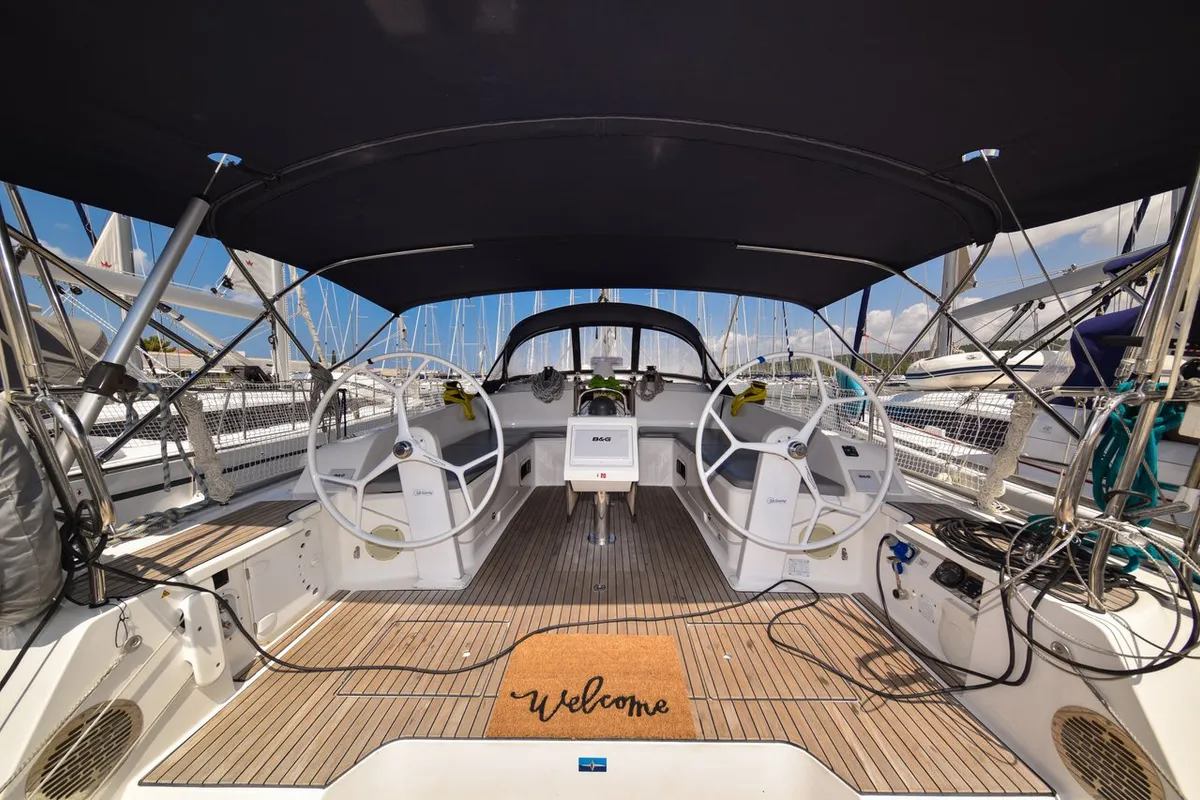 Deck of Paola, a Bavaria Cruiser 46 sailboat at Općina Sukošan, Croatia