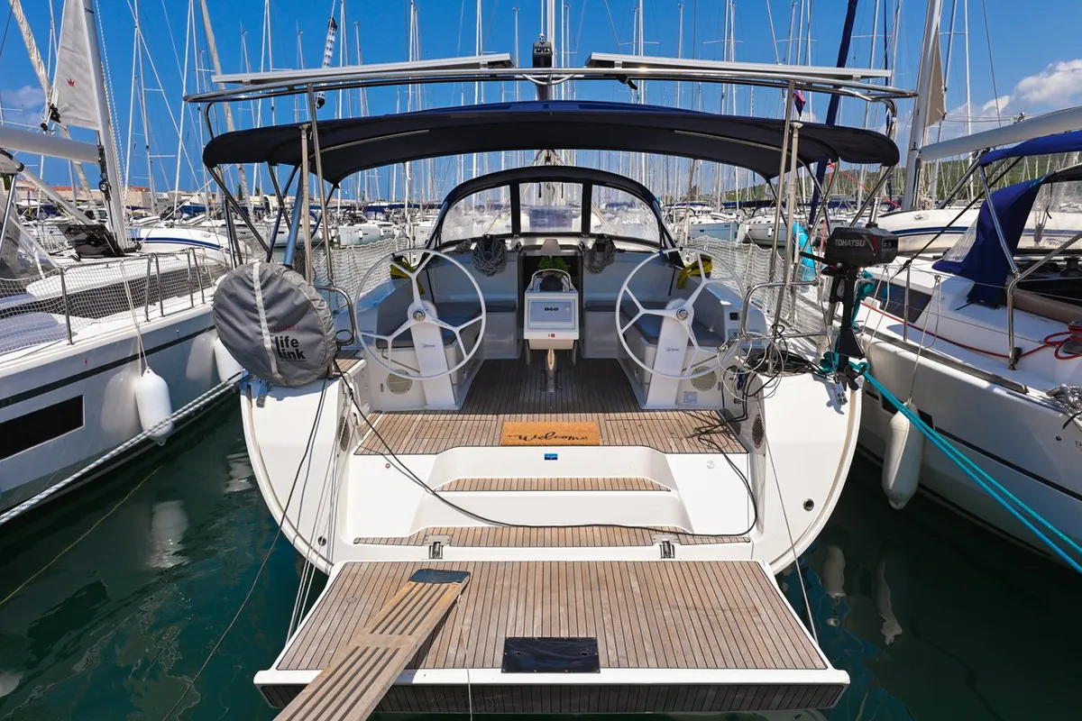 Cockpit of Paola, a Bavaria Cruiser 46 sailboat at Općina Sukošan, Croatia