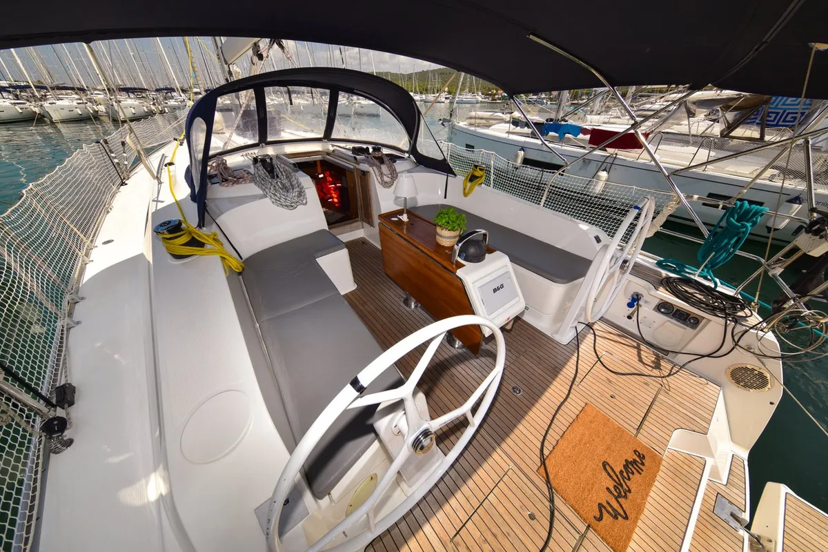 Deck of Paola, a Bavaria Cruiser 46 sailboat at Općina Sukošan, Croatia