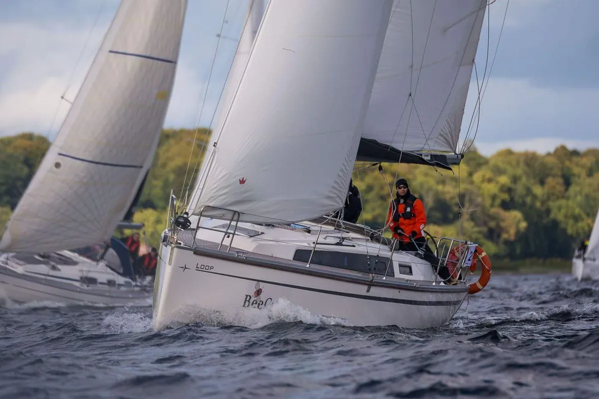 Exterior view of Loop, a Bavaria Cruiser 34 sailboat at Flensburg, Germany