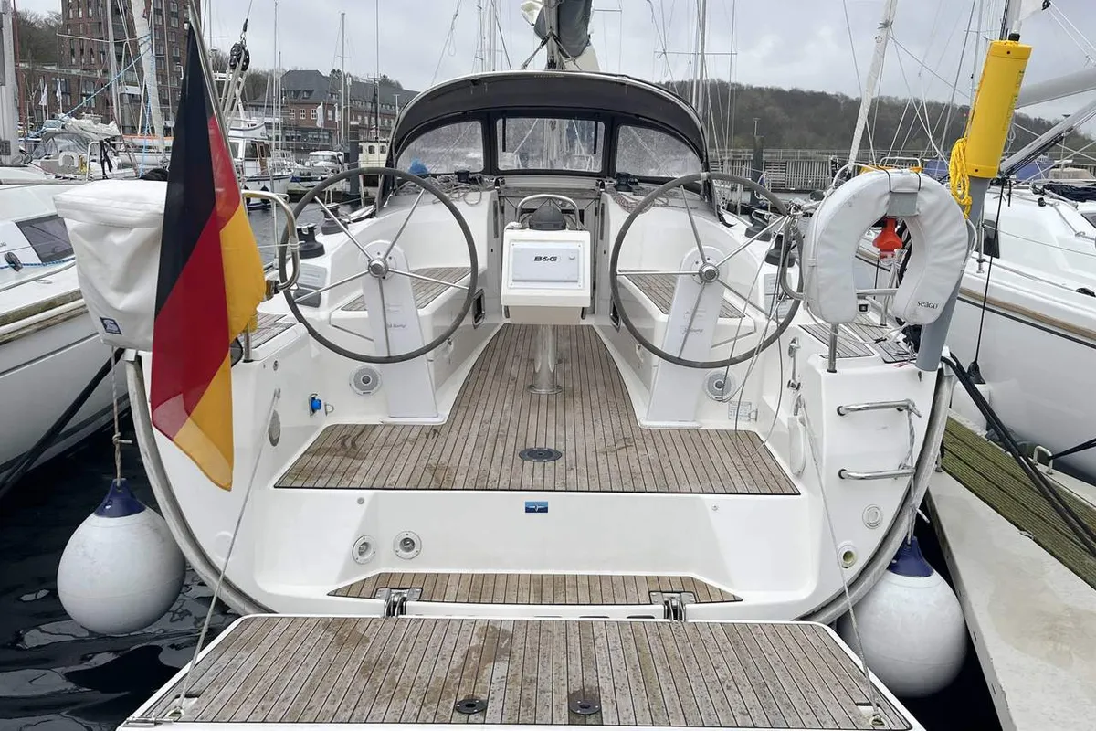 Cockpit of Loop, a Bavaria Cruiser 34 sailboat at Flensburg, Germany