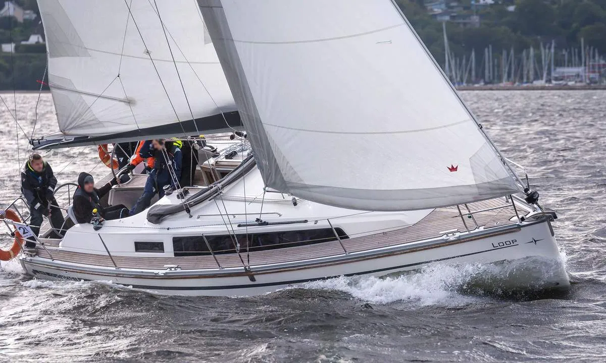 Exterior view of Loop, a Bavaria Cruiser 34 sailboat at Flensburg, Germany