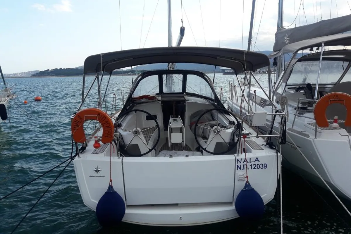 Cockpit of Nala, a Jeanneau Sun Odyssey 349 sailboat at Neo Klima, Greece