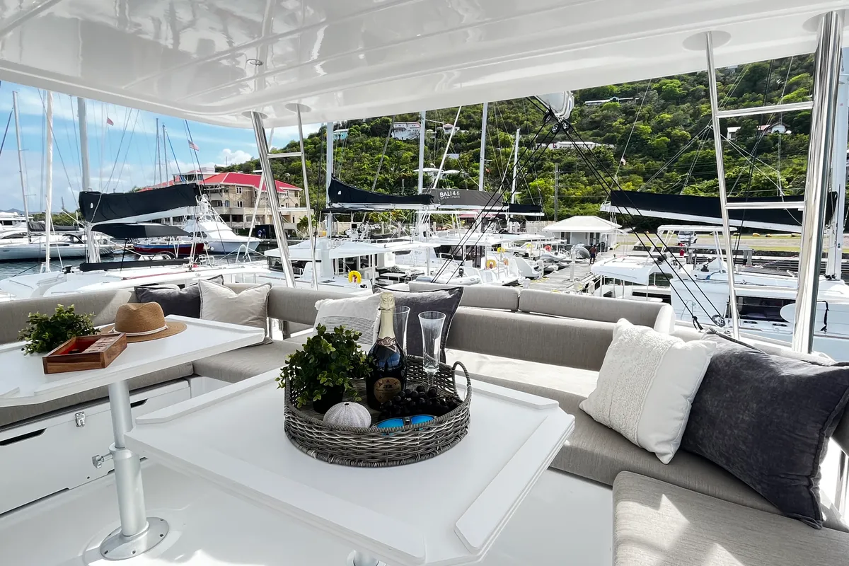 Deck of Sea Breeze, a Bali 5.4 catamaran at Parham Town, British Virgin Islands