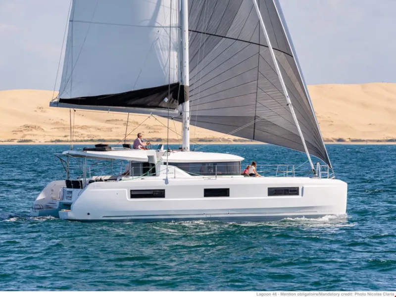 Exterior view of Angel, a Lagoon 46 catamaran at Athens, Greece