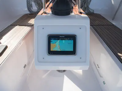 Cockpit of Takis II, a Bavaria Cruiser 37 sailboat at Municipal Unit of Nea Peramos, Greece