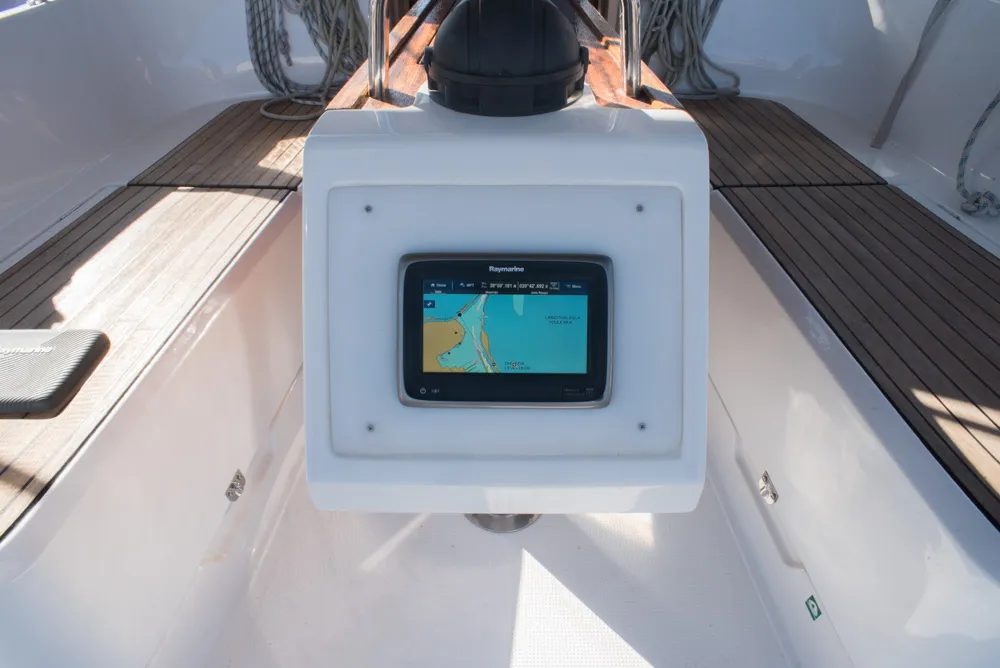 Cockpit of Takis II, a Bavaria Cruiser 37 sailboat at Municipal Unit of Nea Peramos, Greece