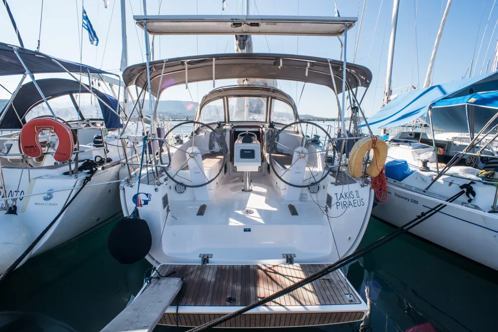 Exterior view of Takis II, a Bavaria Cruiser 37 sailboat at Municipal Unit of Nea Peramos, Greece