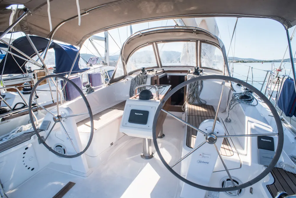 Cockpit of Takis II, a Bavaria Cruiser 37 sailboat at Municipal Unit of Nea Peramos, Greece