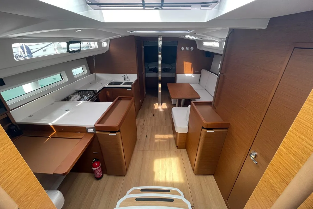 Salon of Alboran Whisky, a Jeanneau Sun Odyssey 440 sailboat at es Jonquet, Spain