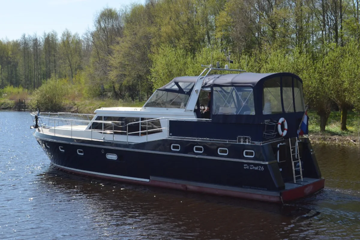 Exterior view of De Drait Renal 50, a motorboat at Drachten, Netherlands