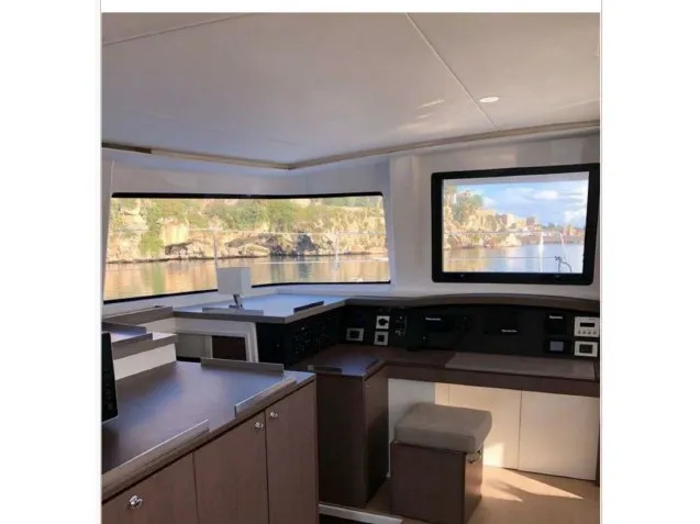 Cockpit of Cossyra, a Bali 4.8 catamaran at Palermo, Italy