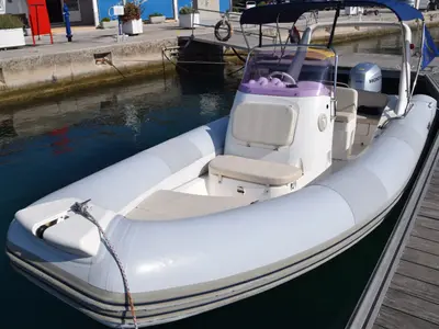 Exterior view of Sunshine, a Brig Eagle 645 motorboat at Primošten, Croatia