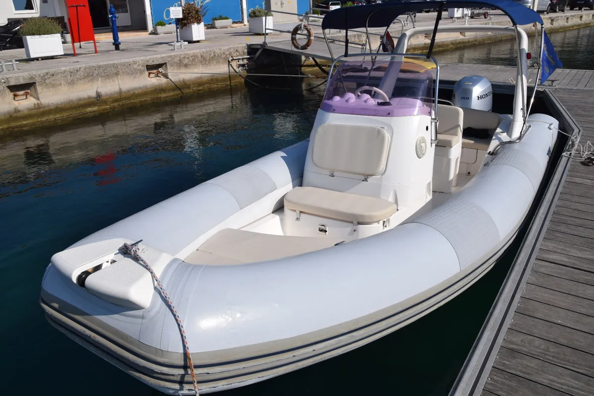 Exterior view of Sunshine, a Brig Eagle 645 motorboat at Primošten, Croatia