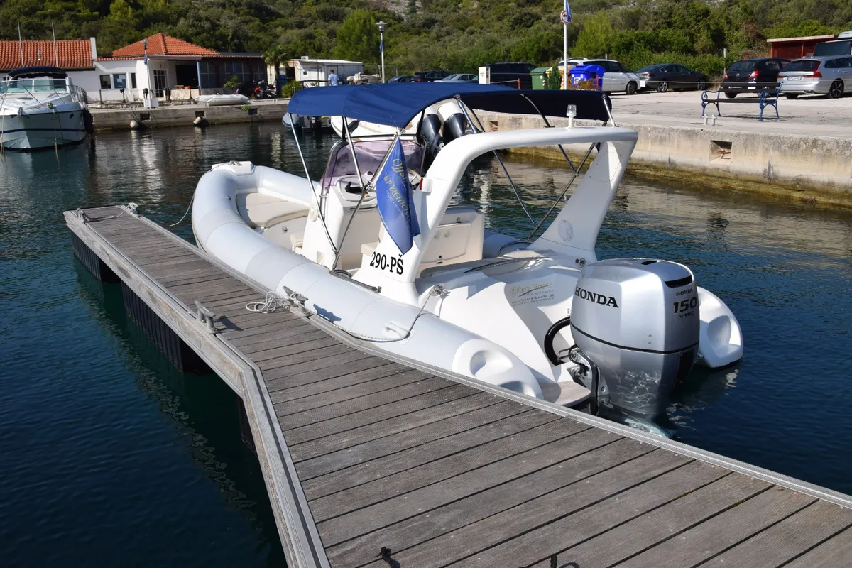 Exterior view of Sunshine, a Brig Eagle 645 motorboat at Primošten, Croatia