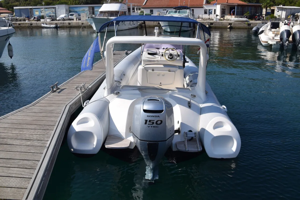 Exterior view of Sunshine, a Brig Eagle 645 motorboat at Primošten, Croatia