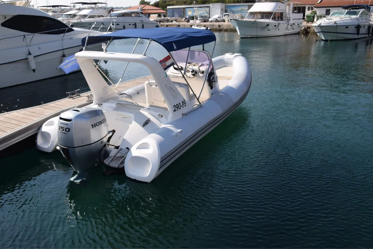 Exterior view of Sunshine, a Brig Eagle 645 motorboat at Primošten, Croatia