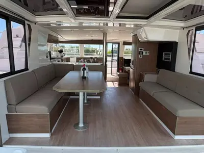 Salon of Cat Tales, a Bali 4.2 catamaran at Central Abaco, Bahamas