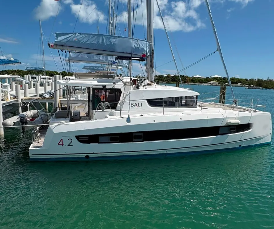 Exterior view of Cat Tales, a Bali 4.2 catamaran at Central Abaco, Bahamas