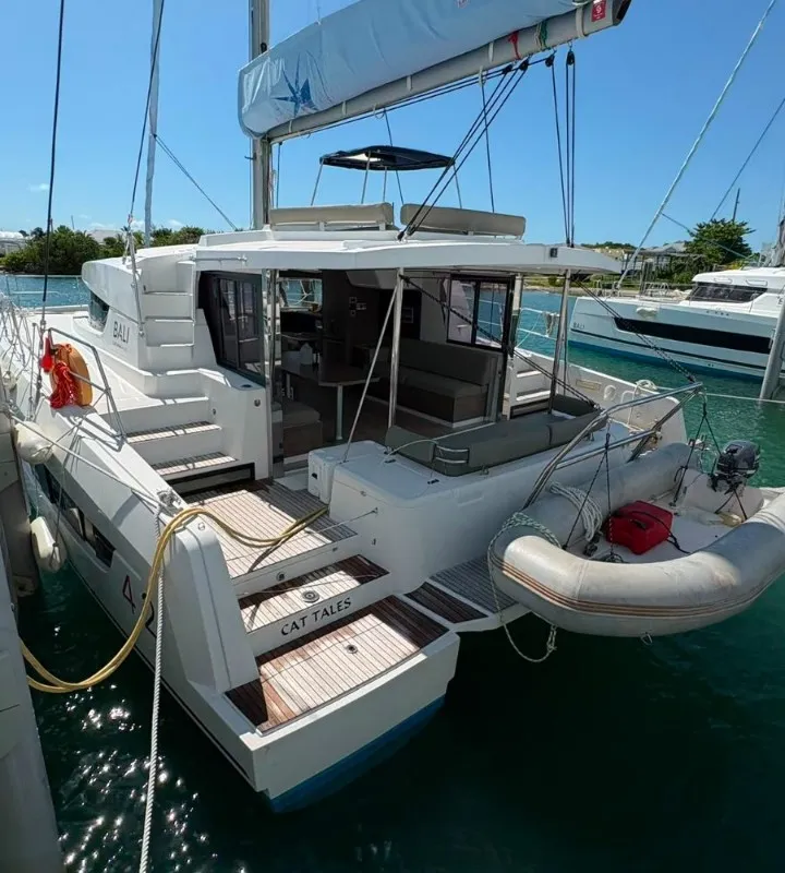 Exterior view of Cat Tales, a Bali 4.2 catamaran at Central Abaco, Bahamas