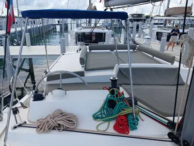 Cockpit of Cat Tales, a Bali 4.2 catamaran at Central Abaco, Bahamas