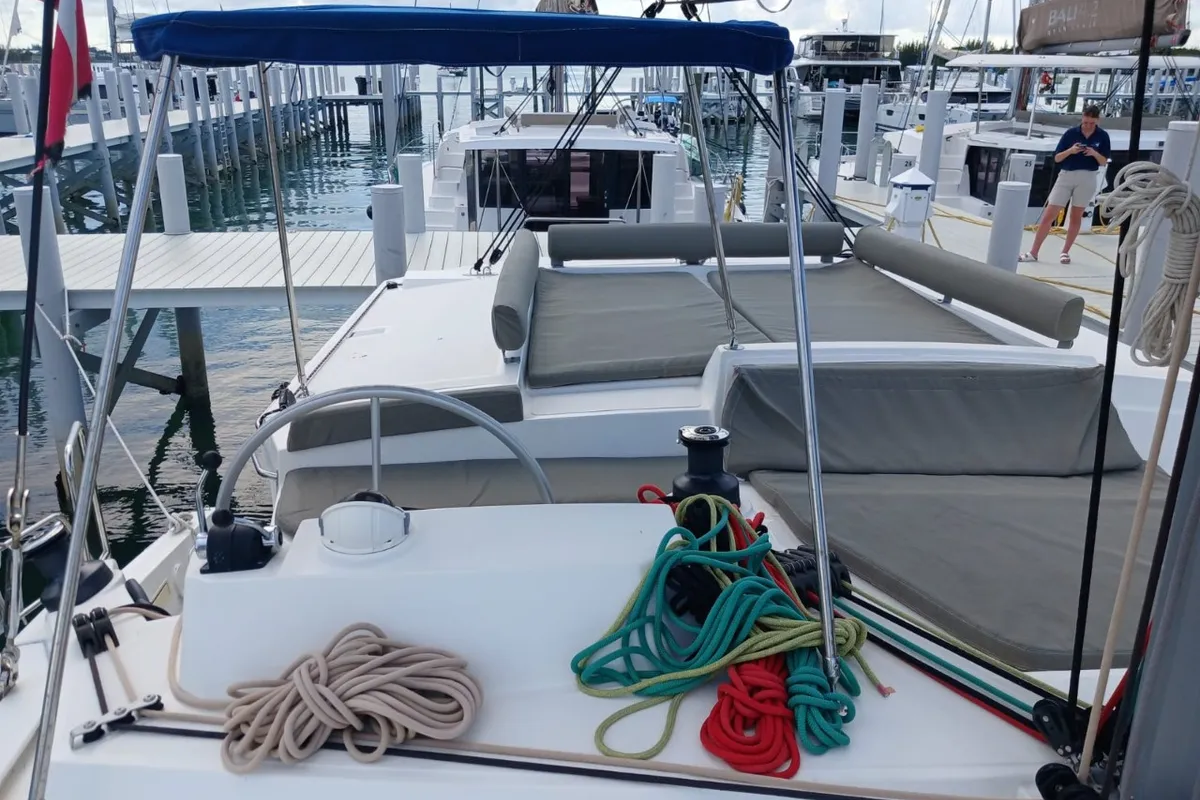 Cockpit of Cat Tales, a Bali 4.2 catamaran at Central Abaco, Bahamas