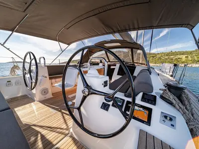 Cockpit of Ceto, a Dufour 460 GL sailboat at Primošten, Croatia