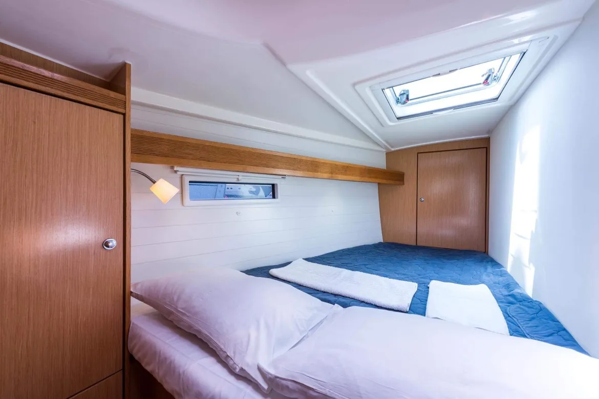 Cabin on Altair, a Bavaria Cruiser 50 sailboat at Sami, Greece