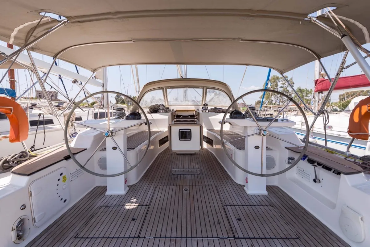 Cockpit of Altair, a Bavaria Cruiser 50 sailboat at Sami, Greece