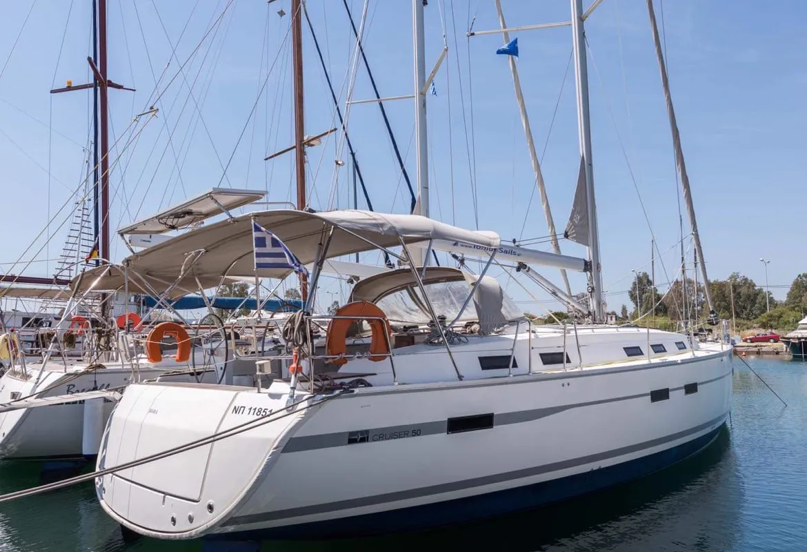 Exterior view of Altair, a Bavaria Cruiser 50 sailboat at Sami, Greece