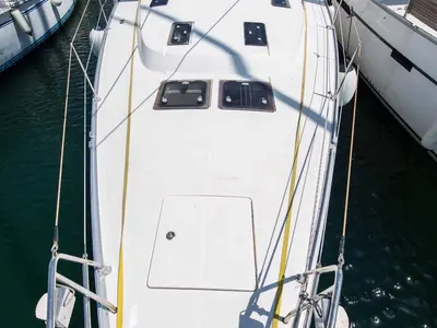 Deck of Altair, a Bavaria Cruiser 50 sailboat at Sami, Greece