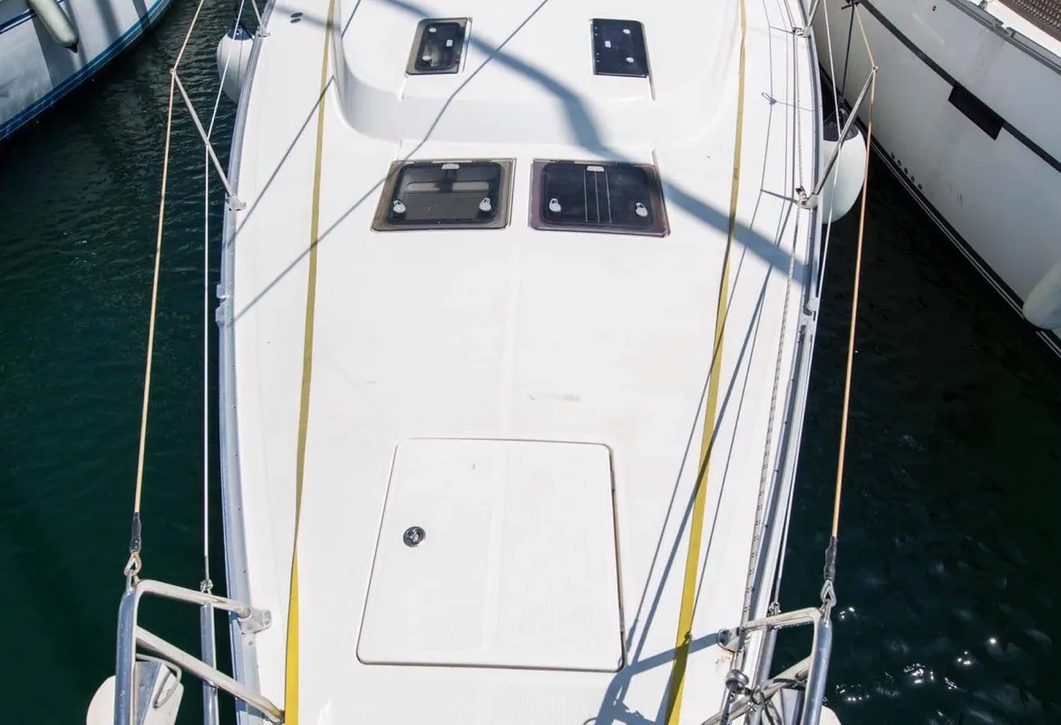 Deck of Altair, a Bavaria Cruiser 50 sailboat at Sami, Greece