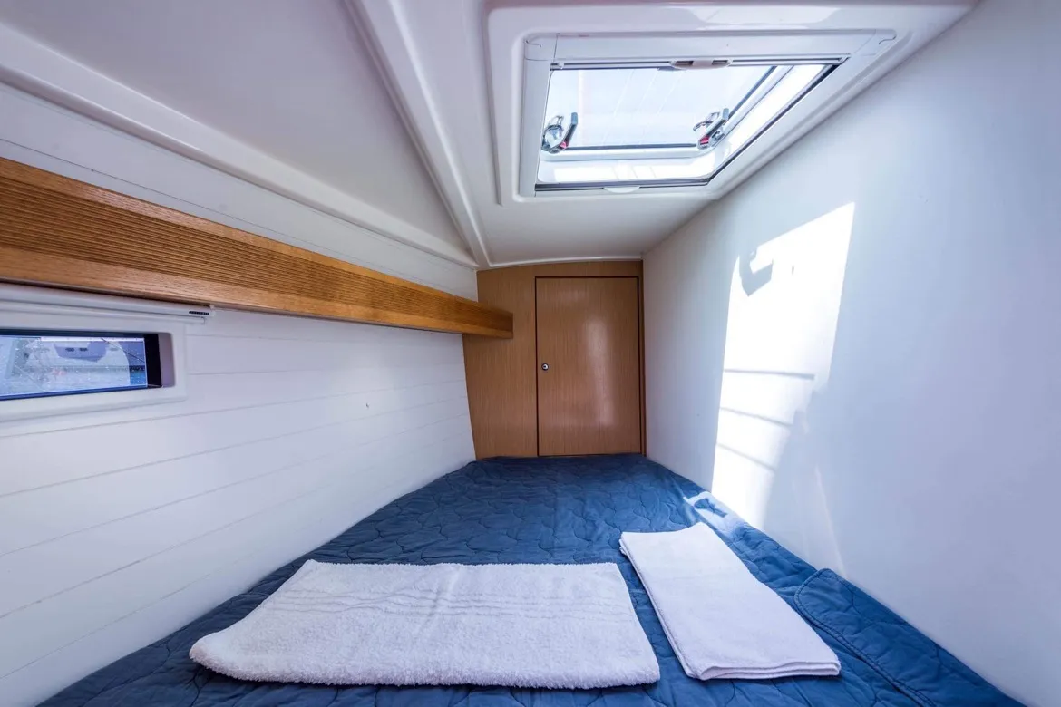 Cabin on Altair, a Bavaria Cruiser 50 sailboat at Sami, Greece