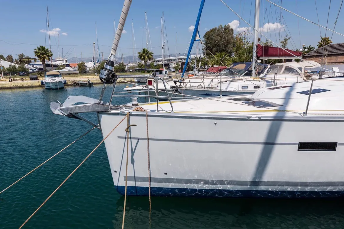 Exterior view of Altair, a Bavaria Cruiser 50 sailboat at Sami, Greece
