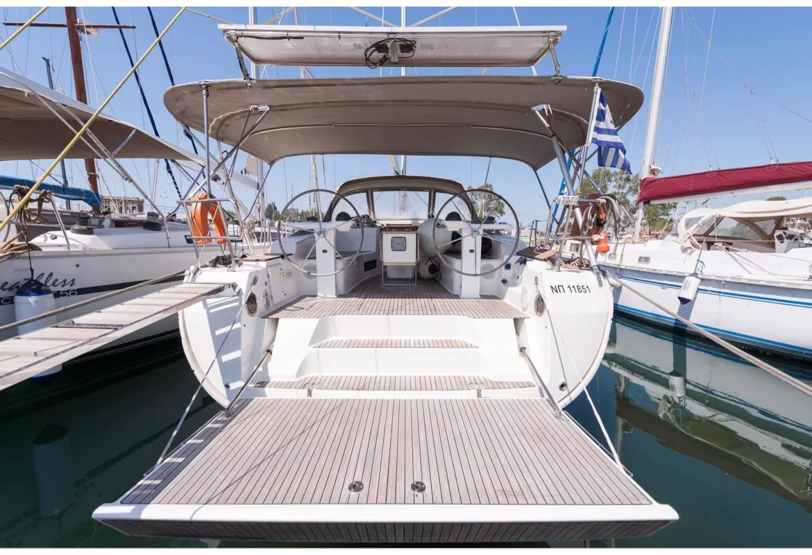 Deck of Altair, a Bavaria Cruiser 50 sailboat at Sami, Greece