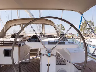 Cockpit of Altair, a Bavaria Cruiser 50 sailboat at Sami, Greece