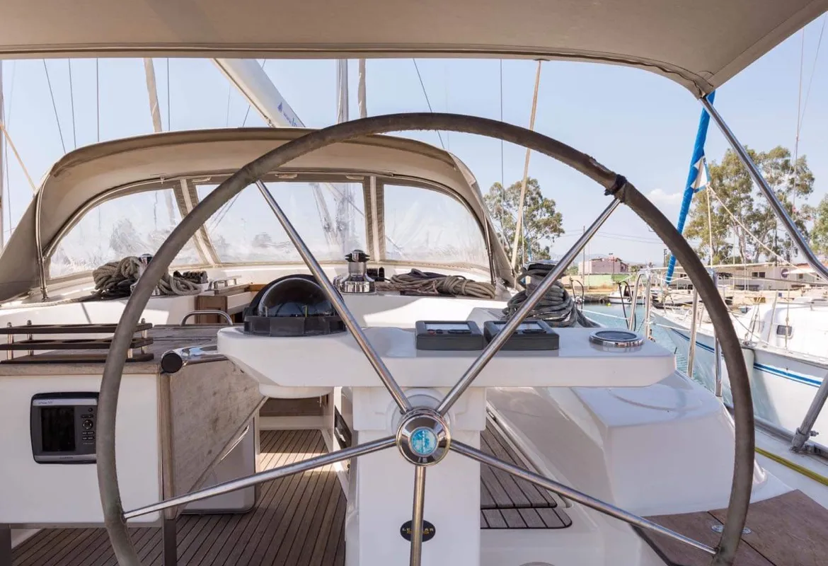 Cockpit of Altair, a Bavaria Cruiser 50 sailboat at Sami, Greece