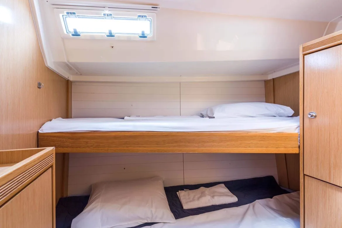 Cabin on Altair, a Bavaria Cruiser 50 sailboat at Sami, Greece