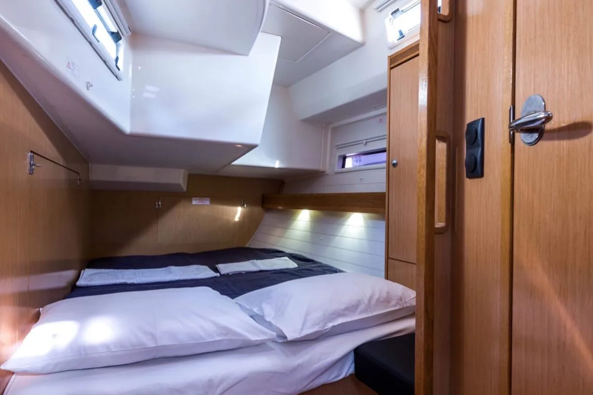 Cabin on Altair, a Bavaria Cruiser 50 sailboat at Sami, Greece