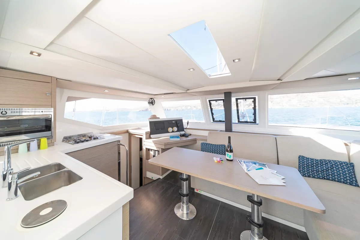 Galley of E.S. II, a Fountaine Pajot Lucia 40 catamaran at Municipal Unit of Lefkada, Greece
