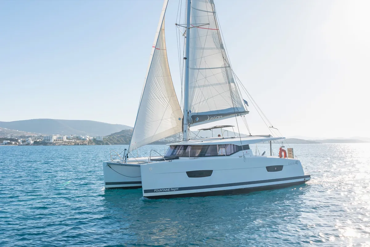 Exterior view of E.S. II, a Fountaine Pajot Lucia 40 catamaran at Municipal Unit of Lefkada, Greece